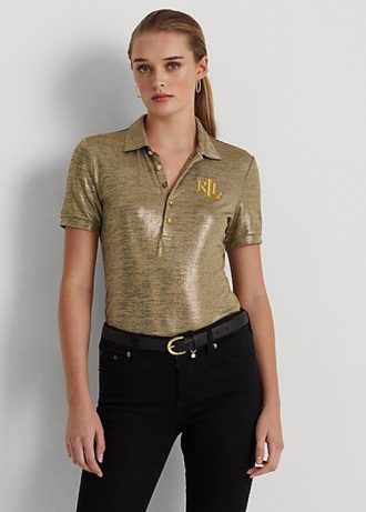 Altın Kadın Ralph Lauren Folyo Baskılı Jersey Polo Tişörtleri