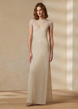 Bej Kadın Ralph Lauren File Kısa Kollu Abiye Elbise