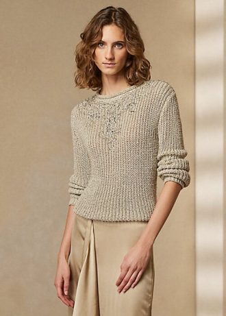 Bej Kadın Ralph Lauren İşlemeli İpek Yuvarlak Yaka Kazaklar