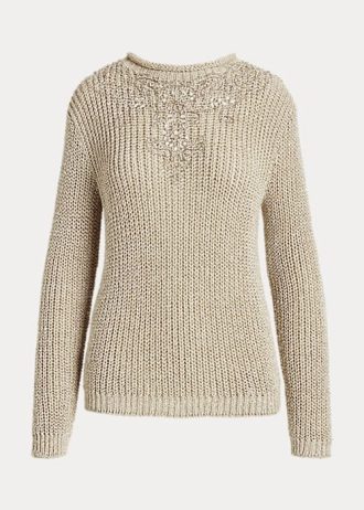 Bej Kadın Ralph Lauren İşlemeli İpek Yuvarlak Yaka Kazaklar