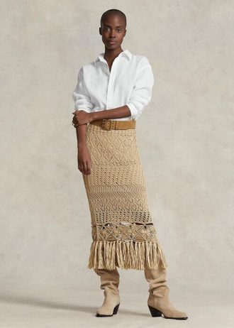 Bej Kadın Ralph Lauren Pointelle Örgü Makrome Saçaklı Etekler