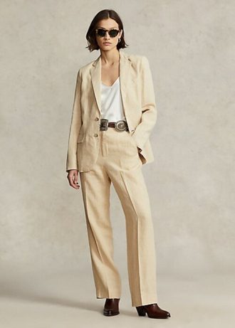 Bej Kadın Ralph Lauren Kısa Düz Paça Keten Pantolon