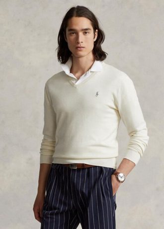 Beyaz Erkek Ralph Lauren Slim Fit Dokulu Pamuklu Kazak
