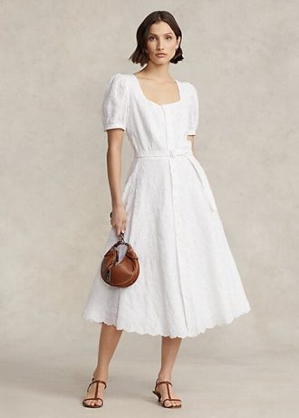Beyaz Kadın Ralph Lauren Göz İşlemeli Keten Elbise