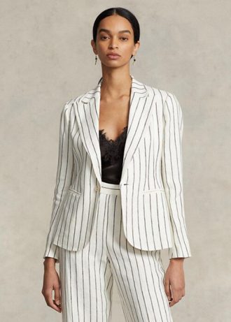Beyaz Kadın Ralph Lauren Çizgili Keten Jakarlı Blazer Ceketler