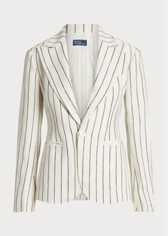 Beyaz Kadın Ralph Lauren Çizgili Keten Jakarlı Blazer Ceketler