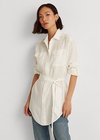 Beyaz Kadın Ralph Lauren Kemerli Keten Gömlekler