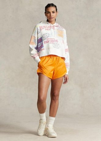 Beyaz Kadın Ralph Lauren Logolu Grafikli Büyük Boy Polar Kapüşonlu Üst