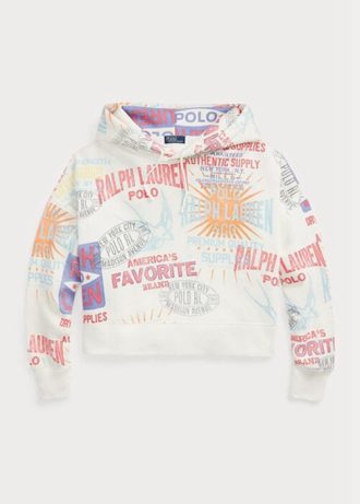 Beyaz Kadın Ralph Lauren Logolu Grafikli Büyük Boy Polar Kapüşonlu Üst
