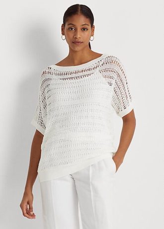 Beyaz Kadın Ralph Lauren Pamuklu File Kısa Kollu Kazaklar