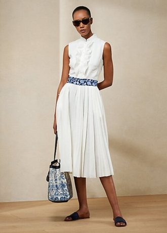 Beyaz Kadın Ralph Lauren Roald Pileli Keten Kolsuz Günlük Elbise