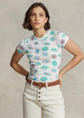 Beyaz Kadın Ralph Lauren Seyahat Motifli Kaburga Pamuklu Tişörtler