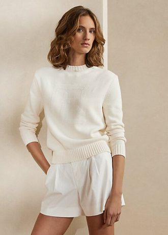 Beyaz Kadın Ralph Lauren Süslemeli RL Pamuk Karışımlı Kazaklar