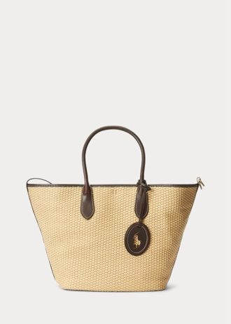 Doğal Kadın Ralph Lauren Deri Kenarlı Hasır Orta Boy Bellport Tote Çantalar