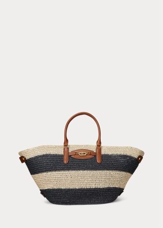 Doğal/Siyah/Lauren Tan Kadın Ralph Lauren Çizgili Hasır Orta Boy Daphney Tote Çantalar