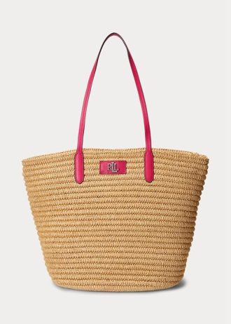 Doğal/Spor Pembe Kadın Ralph Lauren Deri Kenarlı Hasır Büyük Brie Tote Çantalar