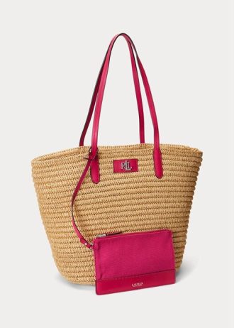 Doğal/Spor Pembe Kadın Ralph Lauren Deri Kenarlı Hasır Büyük Brie Tote Çantalar
