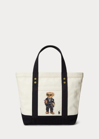 Ekru/Siyah Kadın Ralph Lauren Kanvas Küçük Polo Bear Tote Çantalar