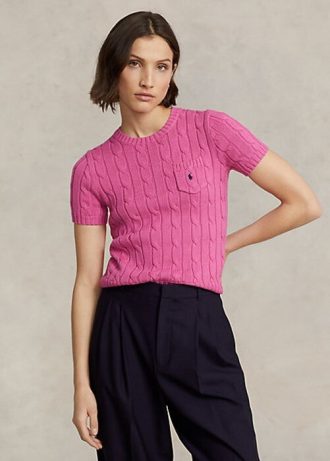 Fuchsia Kadın Ralph Lauren Kablo Örgü Pamuklu Kısa Kollu Kazaklar