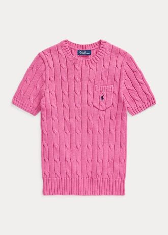 Fuchsia Kadın Ralph Lauren Kablo Örgü Pamuklu Kısa Kollu Kazaklar