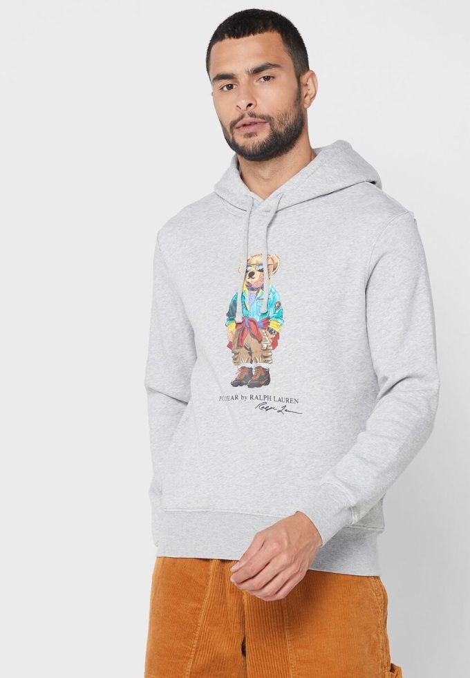 Gri Erkek Ralph Lauren Baskılı Kapüşonlu Üst