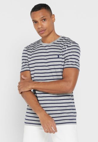 Gri Erkek Ralph Lauren Çizgili Yuvarlak Yaka Tişörtler