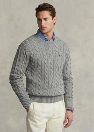 Gri Erkek Ralph Lauren Kablo Örgülü Pamuklu Kazak