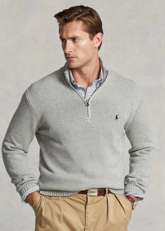 Gri Erkek Ralph Lauren Pamuklu Çeyrek Fermuarlı Kazak