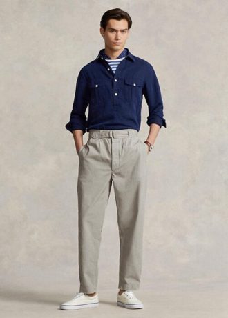 Gri Erkek Ralph Lauren Pileli Bol Kesim Kanvas Pantolon