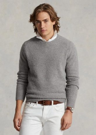 Gri Erkek Ralph Lauren Süet Yamalı Yün Yuvarlak Yaka Kazak