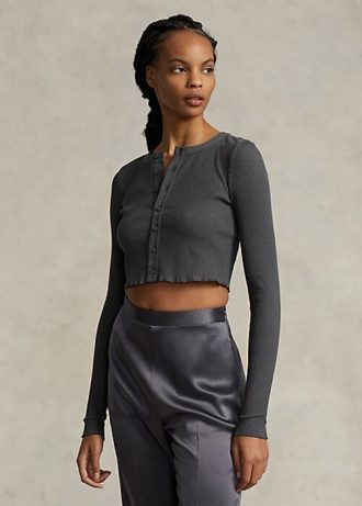 Gri Kadın Ralph Lauren Kaburgalı Düğmeli Ön Kısa Üstler