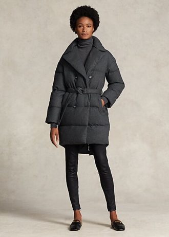 Gri Kadın Ralph Lauren Kapitoneli Çift Sıralı Kaz Tüyü Montlar