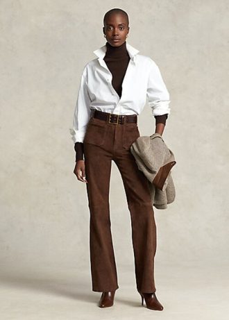 Çikolata Kadın Ralph Lauren Kuzu Derisi Süet Yama Cepli Geniş Paça Pantolon