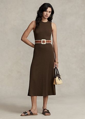 Çikolata Kadın Ralph Lauren Streç Waffle Örgü Kolsuz Elbise