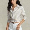 Kahverengi / Beyaz Kadın Ralph Lauren Rahat Kesim Çizgili Keten Gömlekler Kahverengi / Beyaz Kadın Ralph Lauren Rahat Kesim Çizgili Keten Gömlekler