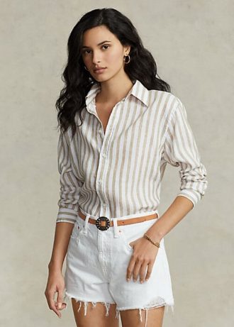 Kahverengi / Beyaz Kadın Ralph Lauren Rahat Kesim Çizgili Keten Gömlekler