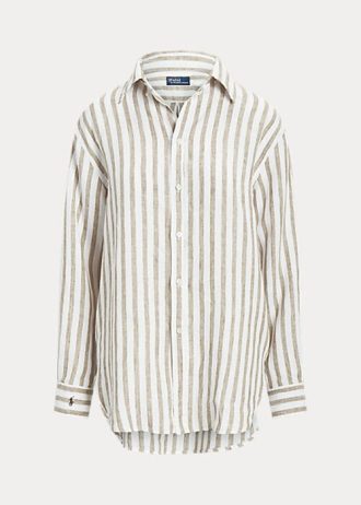 Kahverengi / Beyaz Kadın Ralph Lauren Rahat Kesim Çizgili Keten Gömlekler