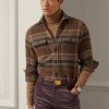 Kahverengi Erkek Ralph Lauren Süet Yama Ekose Yün Tweed Gömlekler Kahverengi Erkek Ralph Lauren Süet Yama Ekose Yün Tweed Gömlekler