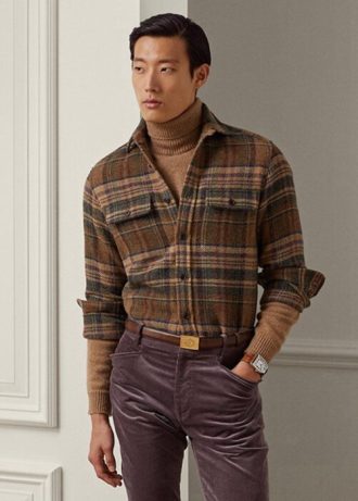 Kahverengi Erkek Ralph Lauren Süet Yama Ekose Yün Tweed Gömlekler