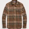 Kahverengi Erkek Ralph Lauren Süet Yama Ekose Yün Tweed Gömlekler Kahverengi Erkek Ralph Lauren Süet Yama Ekose Yün Tweed Gömlekler