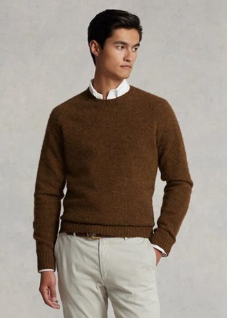 Kahverengi Erkek Ralph Lauren Süet Yamalı Yün Yuvarlak Yaka Kazak