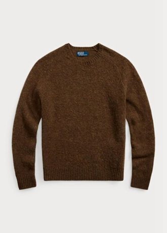 Kahverengi Erkek Ralph Lauren Süet Yamalı Yün Yuvarlak Yaka Kazak