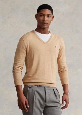 Kahverengi Erkek Ralph Lauren Slim Fit Dokulu Pamuklu Kazak