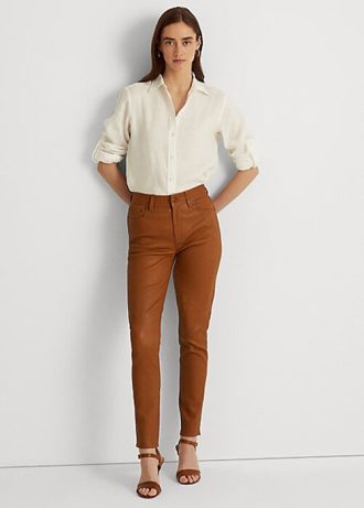 Kahverengi Kadın Ralph Lauren Deri Yüksek Bel Dar Paça Pantolon