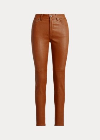 Kahverengi Kadın Ralph Lauren Deri Yüksek Bel Dar Paça Pantolon