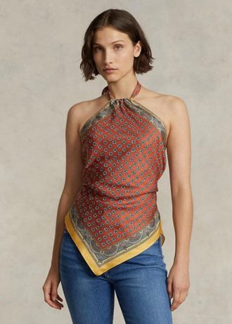 Kahverengi Kadın Ralph Lauren Eşarp Motifli Dut İpeği Askılı Üstler