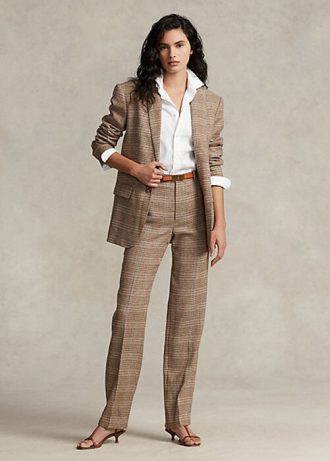 Kahverengi Kadın Ralph Lauren Ekose Yün-Keten Tüvit Düz Paça Pantolon