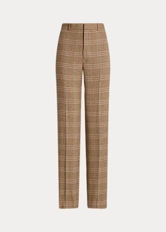 Kahverengi Kadın Ralph Lauren Ekose Yün-Keten Tüvit Düz Paça Pantolon