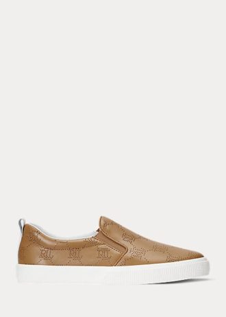Kahverengi Kadın Ralph Lauren Haddley Logo Deri Slip-On Spor Ayakkabı