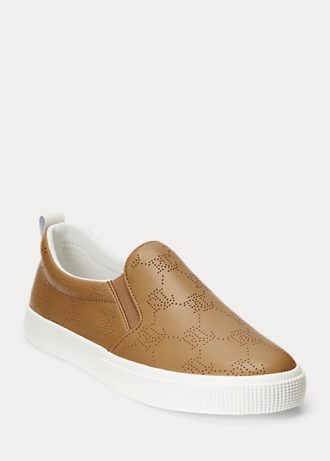 Kahverengi Kadın Ralph Lauren Haddley Logo Deri Slip-On Spor Ayakkabı